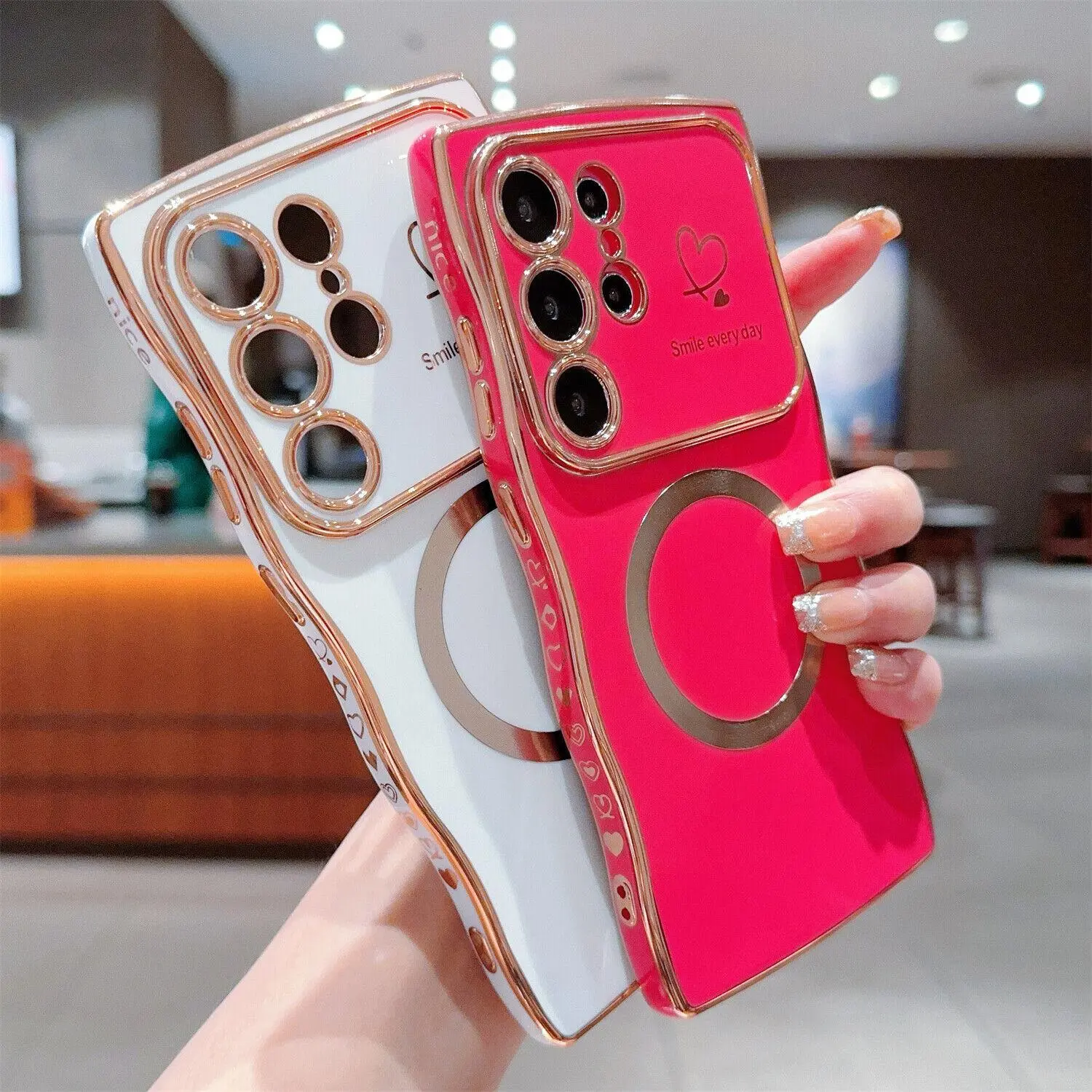 StarTU Magnetic MagSafe Case for Samsung Galaxy S26 / S25 / S24 / S23 / S22 Ultra & Plus – Cute Curly Wave Frame with Heart Design, Soft TPU Shockproof Cover for Women & Girls