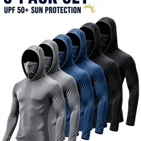 Men's 6/3-Piece Polyester Hiking Tops Set - Quick Dry Long Sleeve T Shirt, Solid Stretch Work Shirt, Built-In Face Mask & Neck Guard, Breathable Hoodie, Worksite Tough, Jobsite-to-Trail Transition