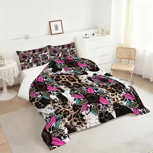Vibrant Floral and Leopard Print Comforter Set, Eclectic Bedding Set with Bright Pink and Teal Accents, Stylish and Bold Bedroom Décor, Perfect for Any Modern Home!, Includes 1 quilt, with 1 or 2 Pillowcase No Pillow Core