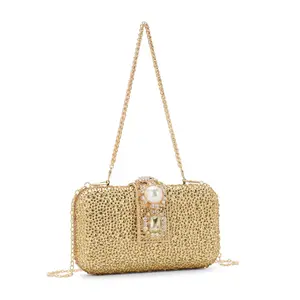 1pc Luxury Pearl Inlaid Box Evening Bag, full shiny stone decorated handheld purse, exquisite crystal lock buckle design, elegant multi-way shoulder crossbody style, gorgeous fashionable texture, delicate elegant layout, suitable for wedding ceremonies