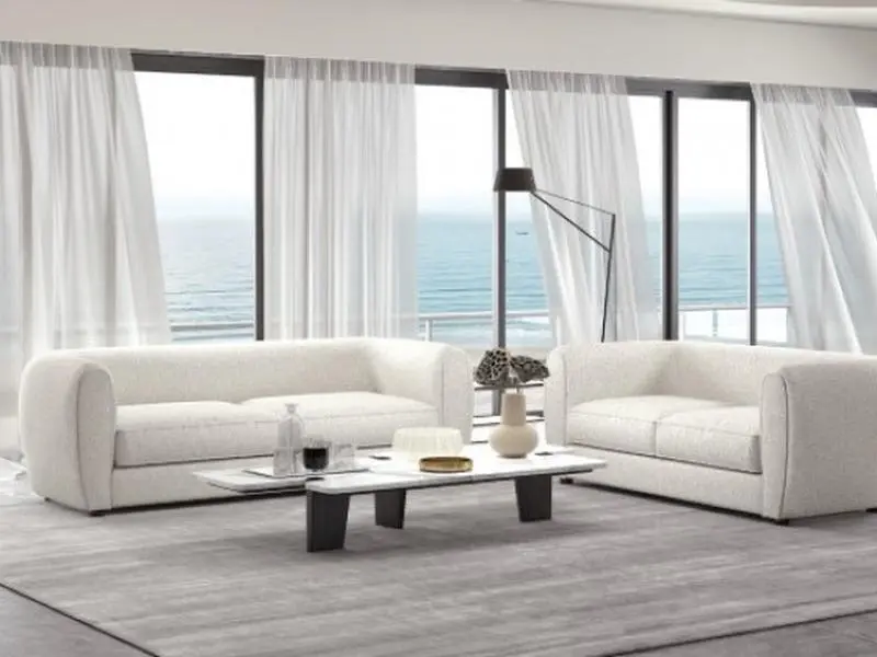 A&J Homes Studio Aversa Off-White Boucle Padded Back Sofa & Love Seat Set Rounded Arms Upholstered Sectional Recliner Loveseat 2 PC