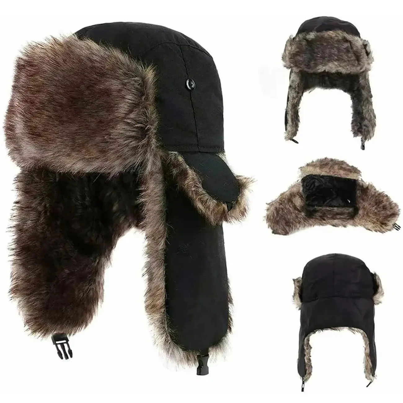 Windproof & Waterproof Fleece Lined Winter Ski Hat with Ear Protection for Outdoor Activities Unisex Trapper Hat with Chin Strap Faux Fur Earflaps Hat
