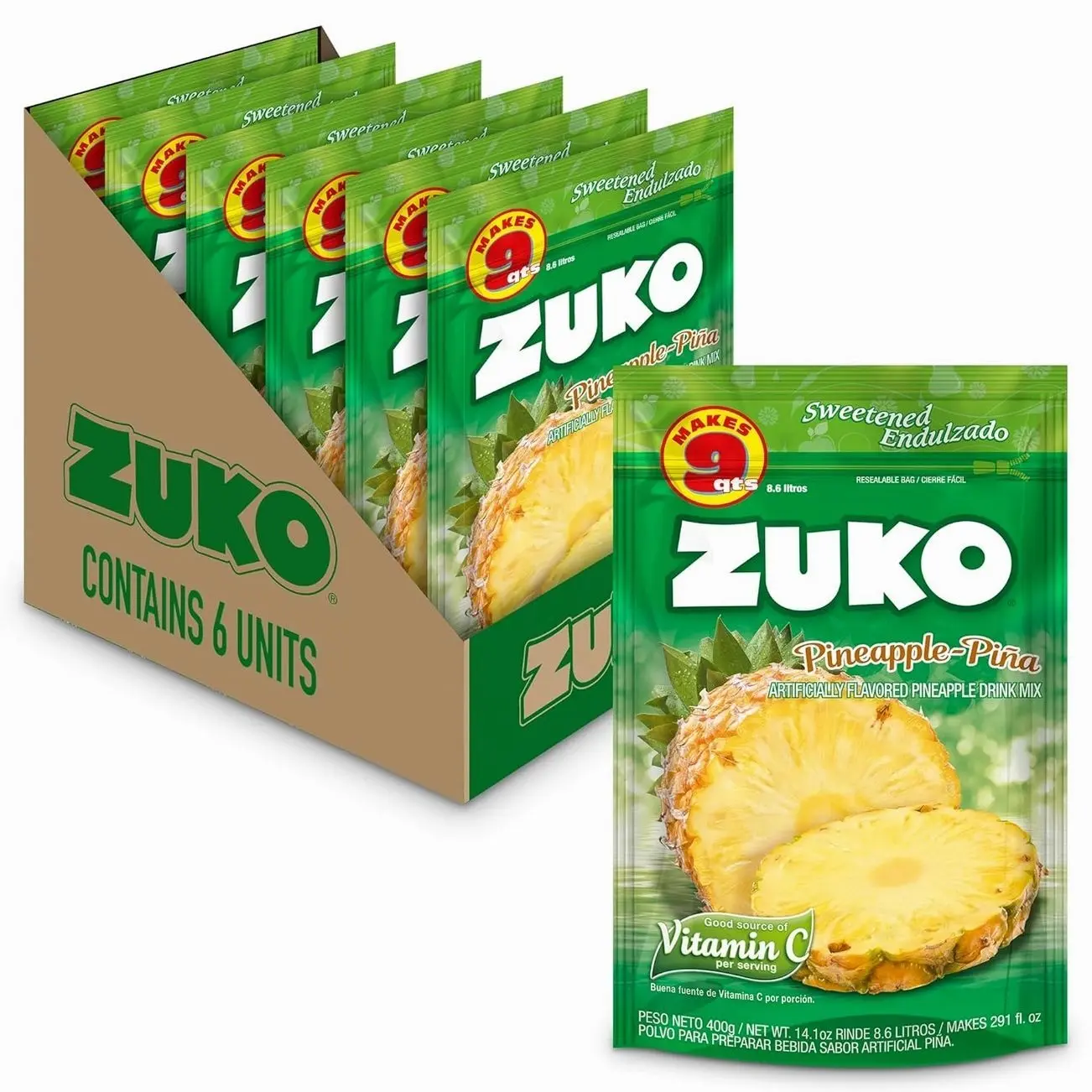 Zuko Pineapple Powdered Drink Mix Family Pack, No Added Sugar Needed, 14.1 oz (Pack of 6)
