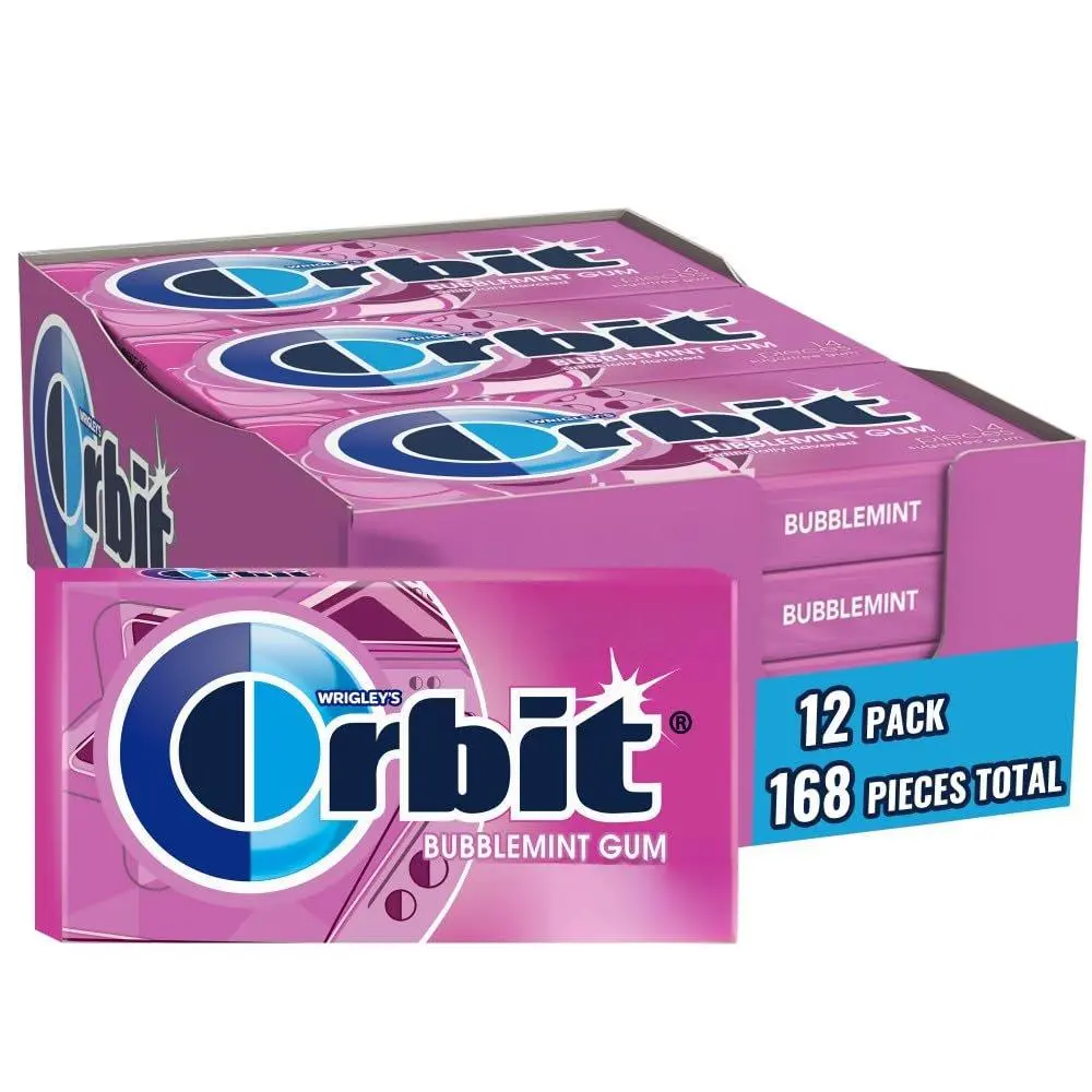 Orbit Sugar-Free Bubblemint Flavor Chewing Gum - 12 Packs (14 Pieces Each), 168 Total Pieces Bulk Pack, Extra Large Food and Snacks Box for Fresh Breath