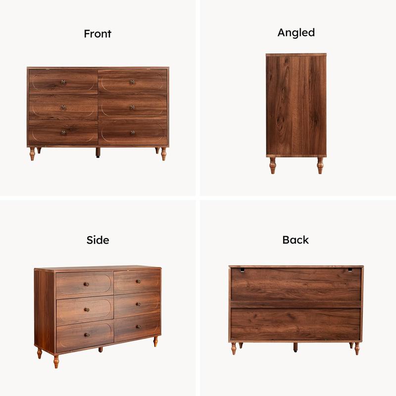 BERRY NEST 6 Drawer Dresser for Bedroom, 47" Wide Mid-Century Chest of Drawers with Solid Wood Legs, Dark Walnut Wood Dresser with 6 Storage Drawers for Bedroom, Living Room, TV Stand