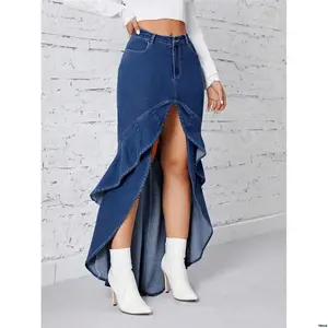 | tiktokPriv u00e9FashionableRuffledHighSlitDenimSkirt