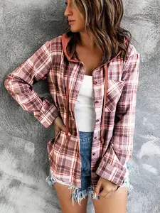 Elegant New Casual Fashion Loose Fit Hooded Long Sleeve Cardigan Plaid Print Women's Lady Shirt Top, Striped Pattern, All Seasons