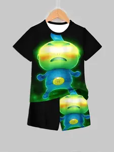 Kids Luminous Cartoon Alien Print Short Sleeve & Shorts Loungewear Set
