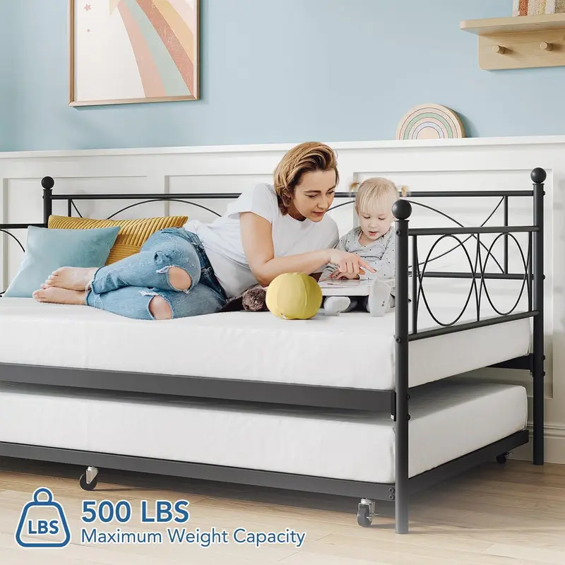 【Christmas Gift】Black Twin Pull-Out Storage Daybed with Trundle - 6-Inch Mattress Compatible, Durable Steel Slats Support, Movable Multifunctional Sofa Bed for Modern Bedroom & Living Room, Full Size Beds Eligible, Assembly Required, Storage Bed