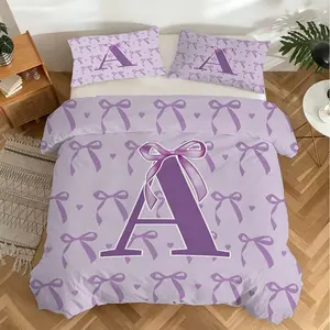 2/3Pcs Purple Bow and Letter Print Duvet Cover Set, Smooth and Soft Against the Skin, Suitable for All Seasons, Enhances the Gentle and Girly Atmosphere Of the Bedroom, A Comfortable and Breathable Bedding Set for Everyday Home Use.