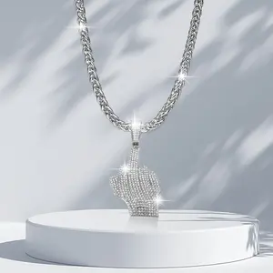 Braided Wheat Link Chains with Middle Finger Pendant  Gold Silver Plated Hip Hop Rapper Pendant Chain Luxury Rhinestone Gesture Pendant Necklace for Men Women Birthday Christmas Costumes Daily Decoration