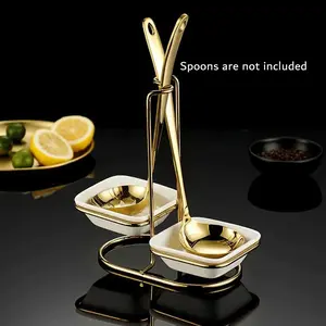 Golden-Tone Stainless Steel & Ceramic Spoon and Chopstick Holder - Open Storage Design with 2 Square Dishes & Tone Rack Stand for Kitchen Organization, Dinnerware, Banquet, Buffet, Dining Table Decor | Modern Kitchenware, Spoon Holder