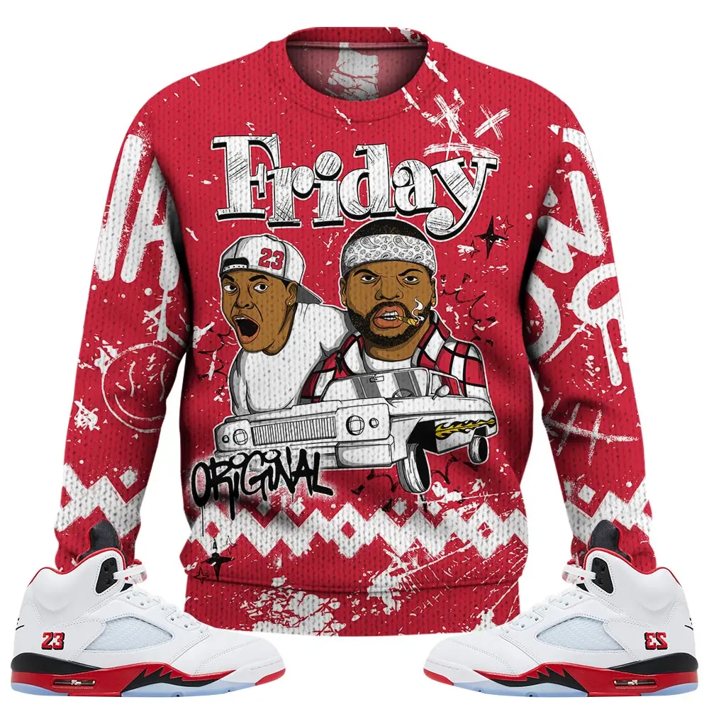 2025 Fire Red Black Tongue 5s Sweater, Sweatshirt Meme Friday Outfit Unisex Sneaker Matching Tee Fabric Menswear Acrylic Hoodie