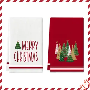 2pcs Christmas kitchen towels and dishwashing towels, red classic star Christmas tree forest design, Merry Christmas handkerchief, tea towel, cleaning towel, suitable for kitchen decoration, party decoration, home decoration, gifts, Decorative Towels