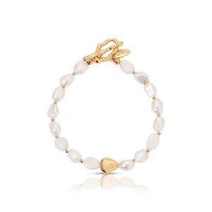Ettika Freshwater Pearl and Gold Nugget Toggle Bracelet – 18K Gold Plated Elegant Jewelry, Dainty Pearl Bracelet for Women, Layering & Gift