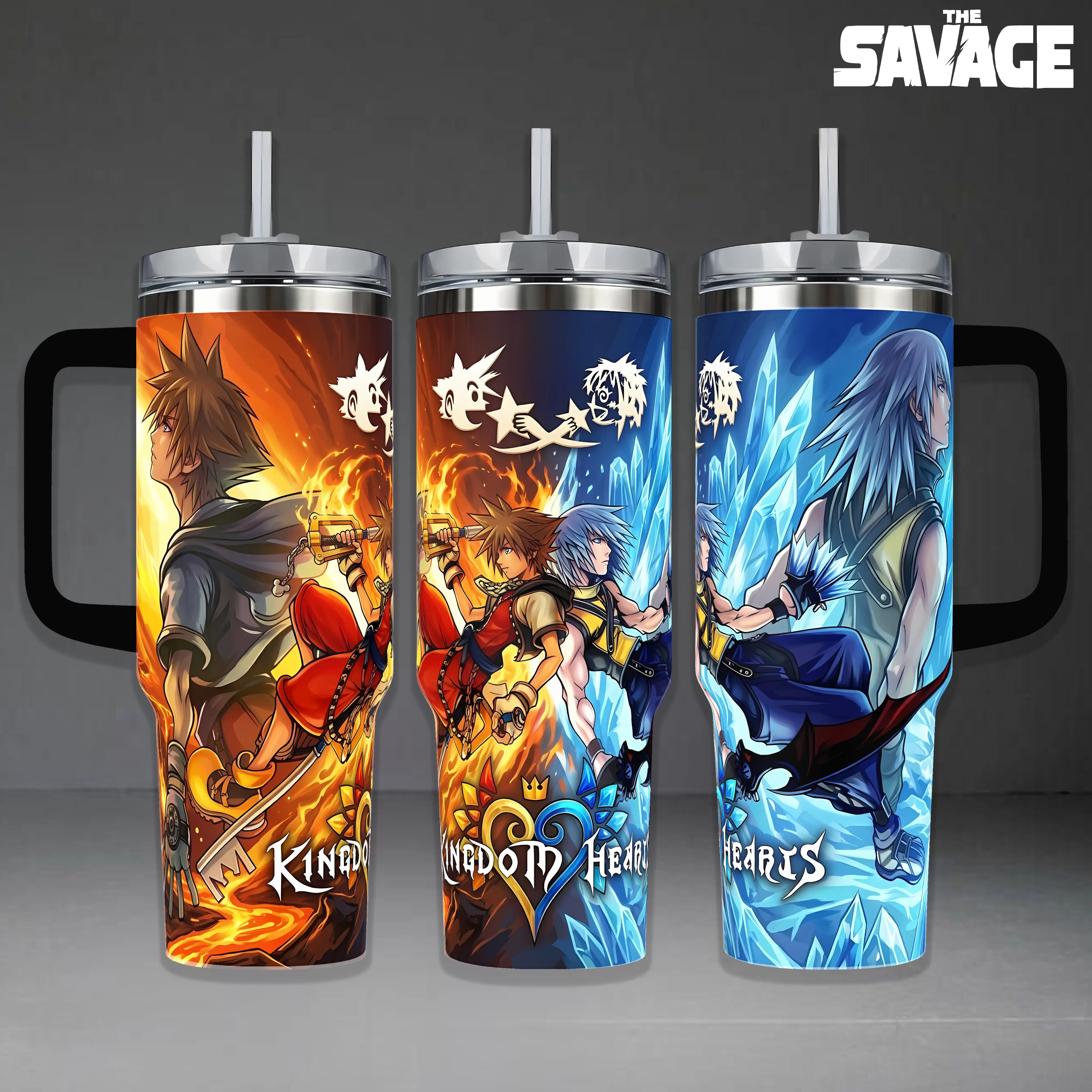 Kingdom Hearts Sora & Riku Tumbler, 20oz & 40oz Insulated Travel Mug with Handle & Straw. Fire & Ice Dual Element Art Cup, RPG Video Game Fan Merchandise, Perfect Gift for Gamers and Anime Lovers