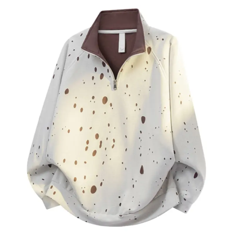 Men’s Autumn Stand Collar Polka Dot Print Long Sleeve Top, Half Zipper Pullover, Youth Trendy Loose Casual Hoodless Shirt, Niche Designer Style Soft Comfortable Versatile Fashion Outerwear # FallVibes
