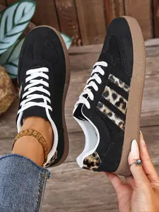 Women's Deep Orange Suede-Linen Leopard Print Lace-Up Low-Top Retro Sneakers Breathable Casual Shoes Daily Commute Footwear Comfortable Walking Shoes Vintage Style Fashion Trainers Chunky Sole Platform Sneakers