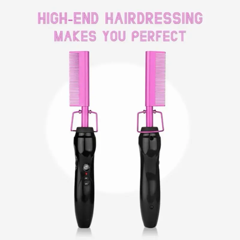 Copper Hot Comb Hair Straightener - Electric Comb with Temperature Adjustment, Compact Size, Easy to Use, Pink Smooth Comfort, Anti-Scalting Bracket
