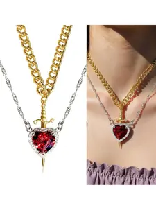 Heart & Sword Necklace Set, Couples Necklace, Symbolizing Spirit and Courage, Coated, Daily Wear, Couple Jewelry Gift, All Seasons