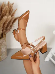 Vintage Patent Slingback Heels - Pointed Toe Block Heel Pumps for Office & Party