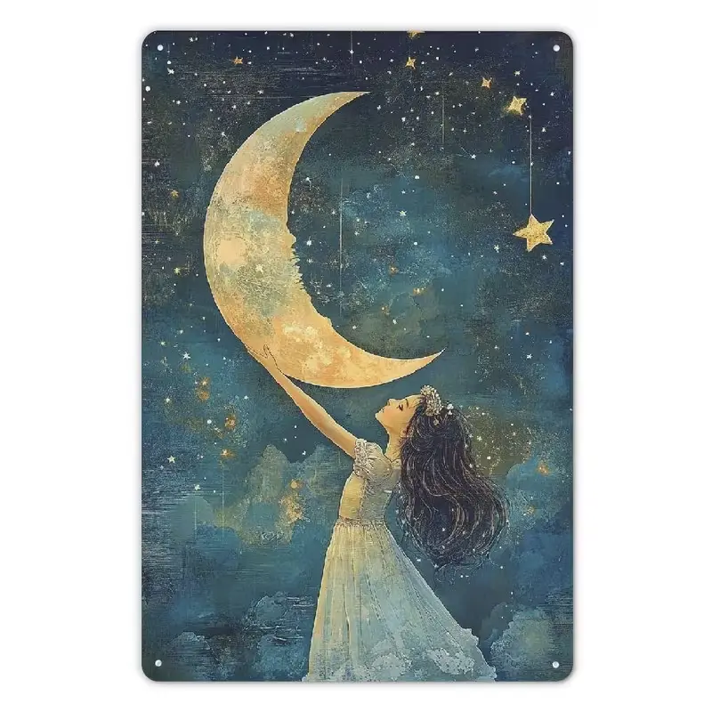 Vintage Distressed Iron Tin Sign Wall Plaque - Decorative Casual Art with Fairy Girl Reaching for Golden Crescent Moon, Starry Night Sky, Dark Teal Clouds - Universal Celestial Cottagecore Witchy Boho Wall Decor for Bedroom, Kids Room