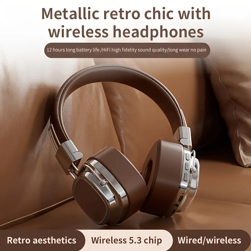 Retro Chic Wireless over-Ear Headphones, HD Stereo, Deep Bass, 20 Hours Battery Life, Fast Charging Wireless 5.3, Comfortable Earmuffs, Suitable for Adults, Schools and Travel
