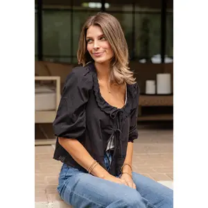 All My Dreams Black Eyelet Tie Blouse
