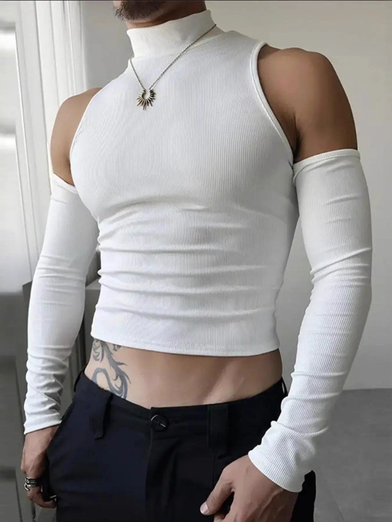 Autumn New European and American Men's High Neck Textured Blouse, Shoulder Exposure Hollow Out Long Sleeve T-Shirt, Casual Fashionable Innerwear Top, Menswear