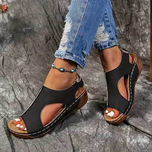 Fashionable solid color wedge sandals - comfortable ankle strap, casual open toe, women's thick soled shoes - suitable for summer