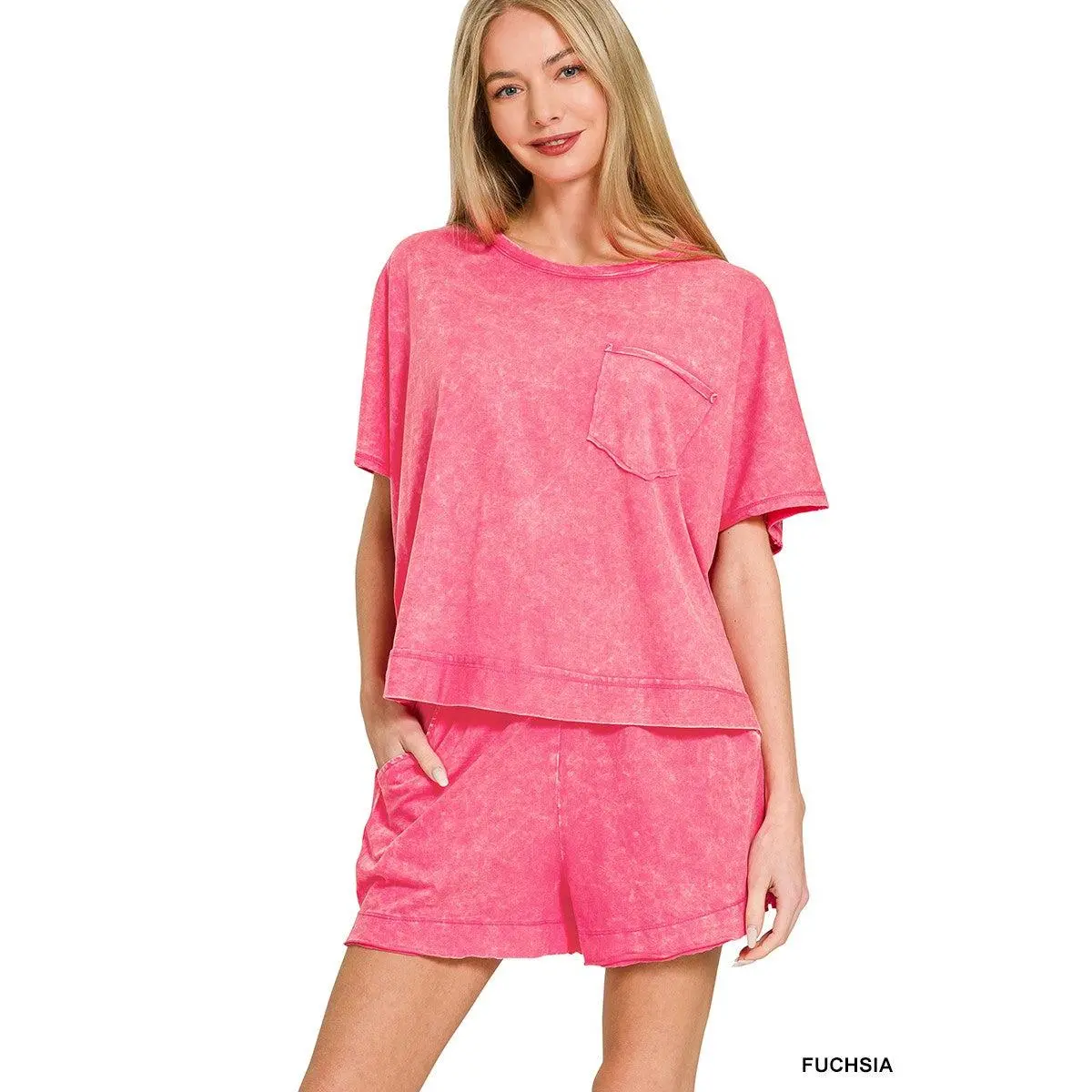 Zenana Acid Washed Oversized Top & Shorts Set