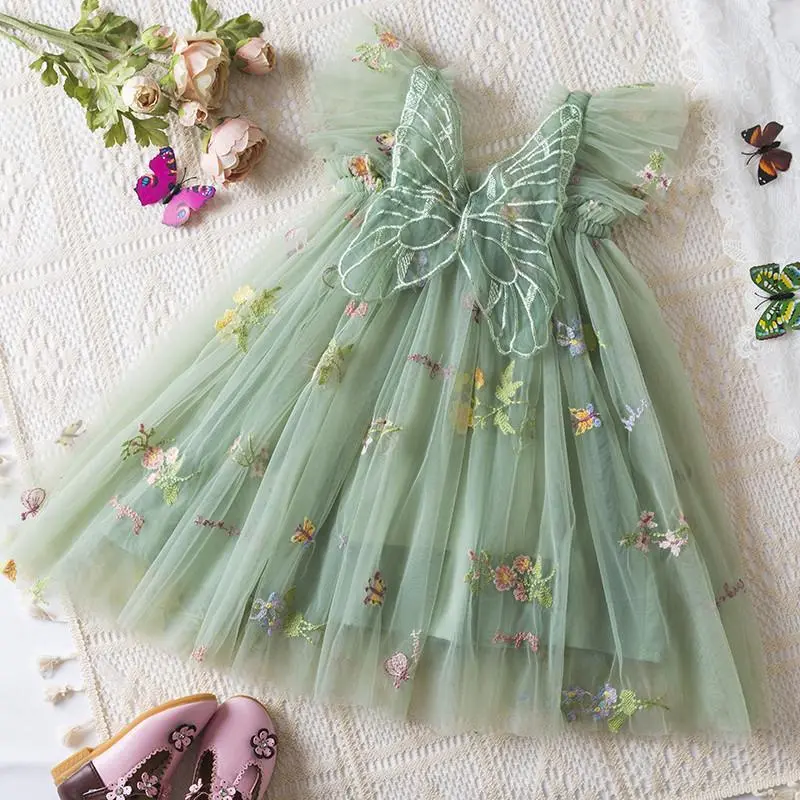 Butterfly Dress for Kids Girls 1-4 Years Ruffles Sweet Summer Mesh Dress Flower Embroidery Birthday Party Princess Dresses with Butterfly