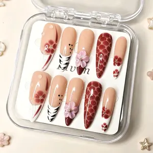 Handmade Nude Red Leopard Zebra Print Press On Nails With 3D Pink Flower & Hand‑Painted Floral Accents, Long Stiletto Reusable Fake Nails For Trendy Y2K Wear
