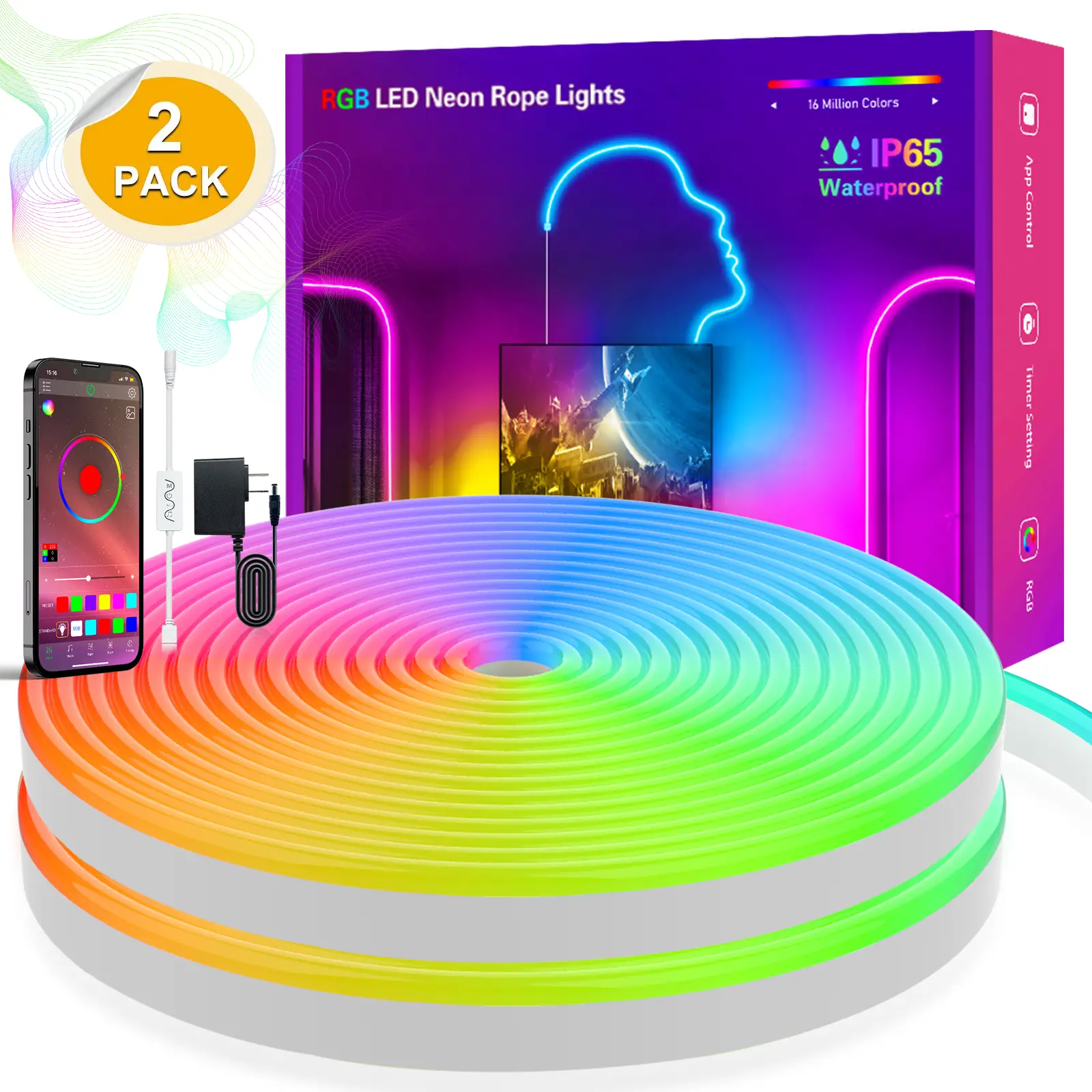 16.4ft LED neon Lights with Remote APP Control IP65 Waterproof Flexible Neon Strip Lights RGB Rope Lights for Bedroom Room Outdoors Decor