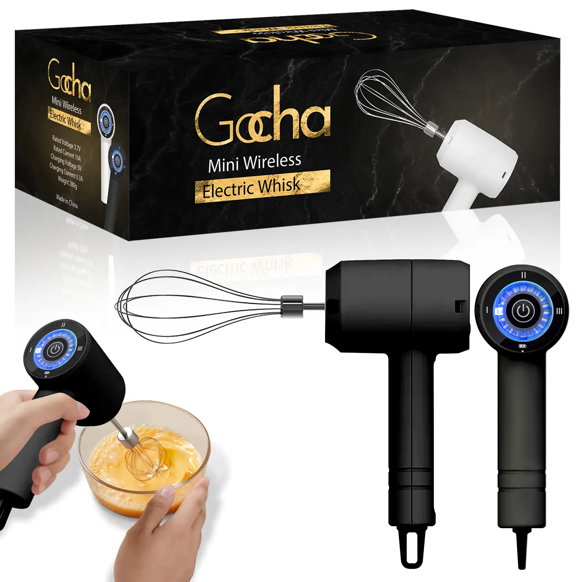 Cordless Handheld Electric Whisk | 3-Speed Portable Mixer | Rechargeable Hand Mixer for Eggs, Soups, Cream, & Batters | Dual Whisk Attachments
