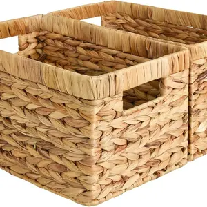 StorageWorks Water Hyacinth Storage Baskets Rectangular Wicker Baskets with Built-in Handles Medium Size for Organizing