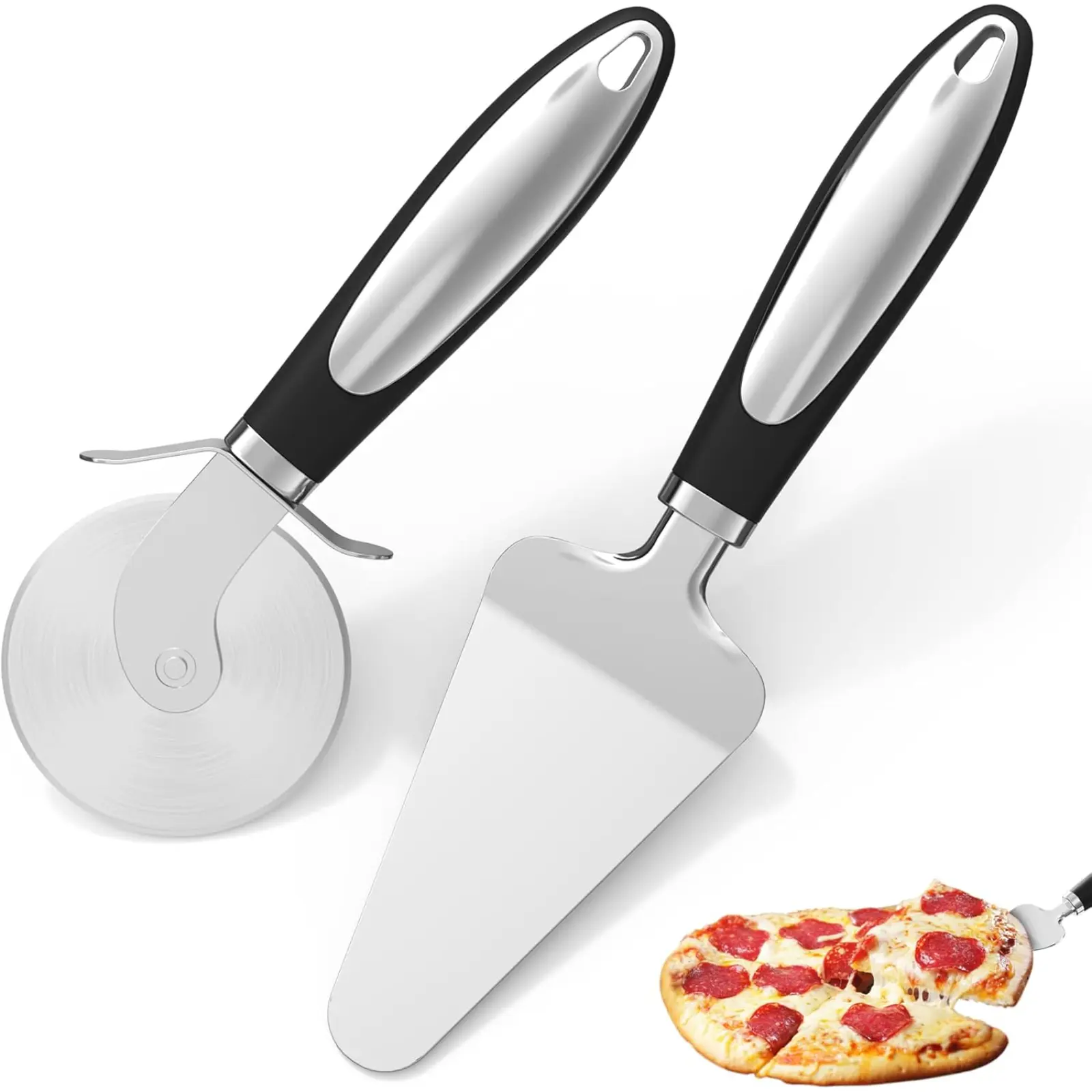 2pcs Pizza Tool Set - Rustproof Sharp Stainless Steel Wheel Slicer, Pie Server with Smooth Non-Slip Handle, Easy to Use Reusable Kitchen Gadgets for Cutting & Cooking