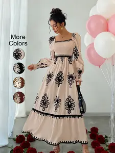 Women's Vintage Floral Lantern Sleeve High Waist Dress, Square Neck Shirred Design, Valentine's Day Party Elegant