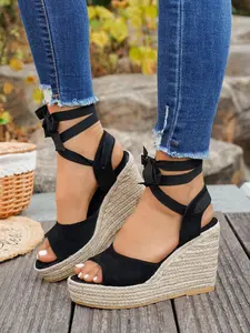Women's Bowknot Buckle Strap Wedge Sandals, Thick Sole Platform Shoes, Elegant Classic Summer Vacation Footwear