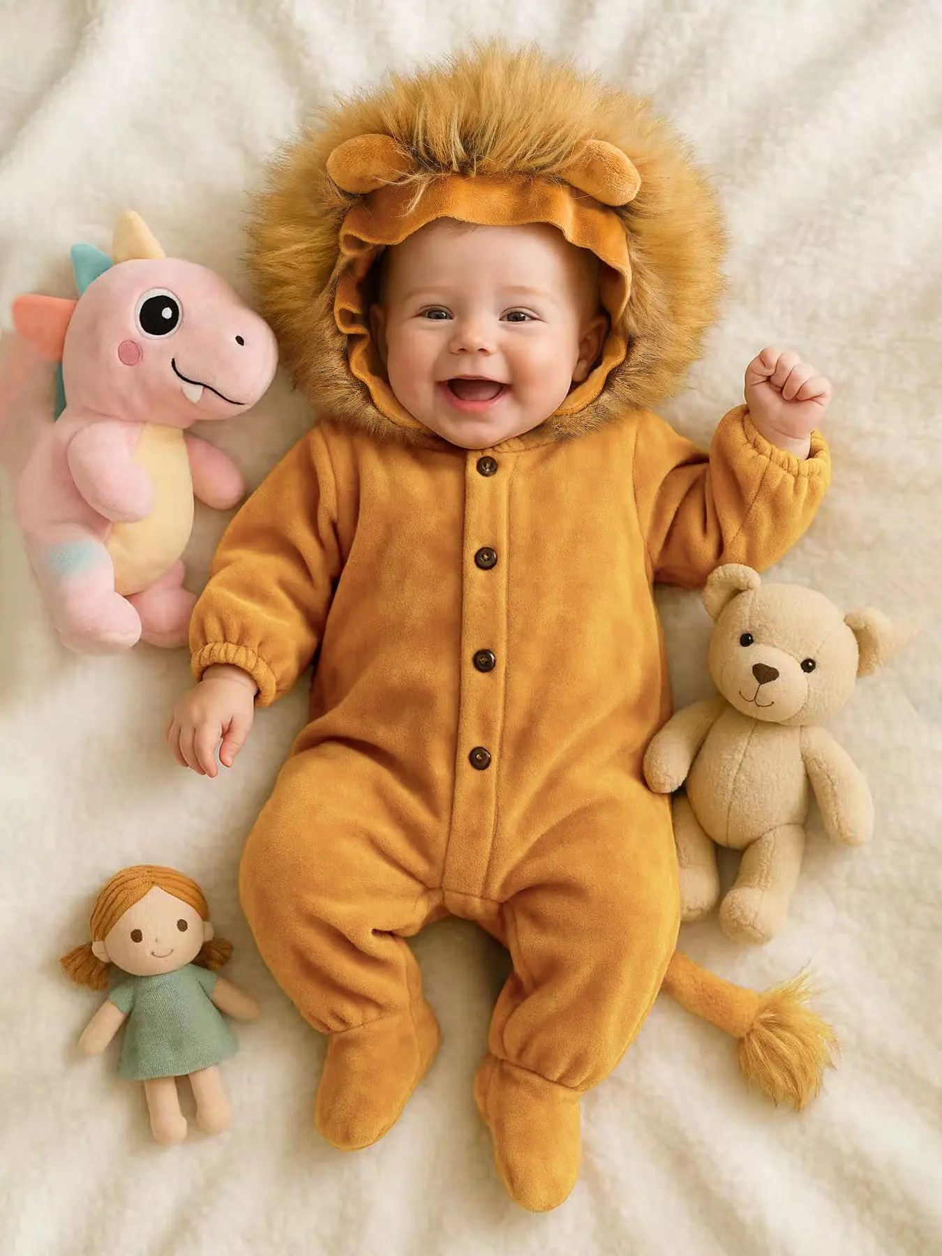 Baby Lion Romper, Long Sleeve Slim-Fit Plush, Cute Fall & Winter Baby Clothes, Newborn Warm Outerwear, Plain Pattern
