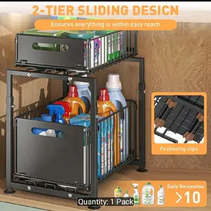 Under Sink Organizer, 2 Tier Under Sink Organizers and Storage, Slide Out Pull Out Cabinet Organizer Shelf, Multi-Use Metal Sliding Drawer for Kitchen Bathroom Pantry Cabinet Closet Organization Rack(1/ 2 Packs)