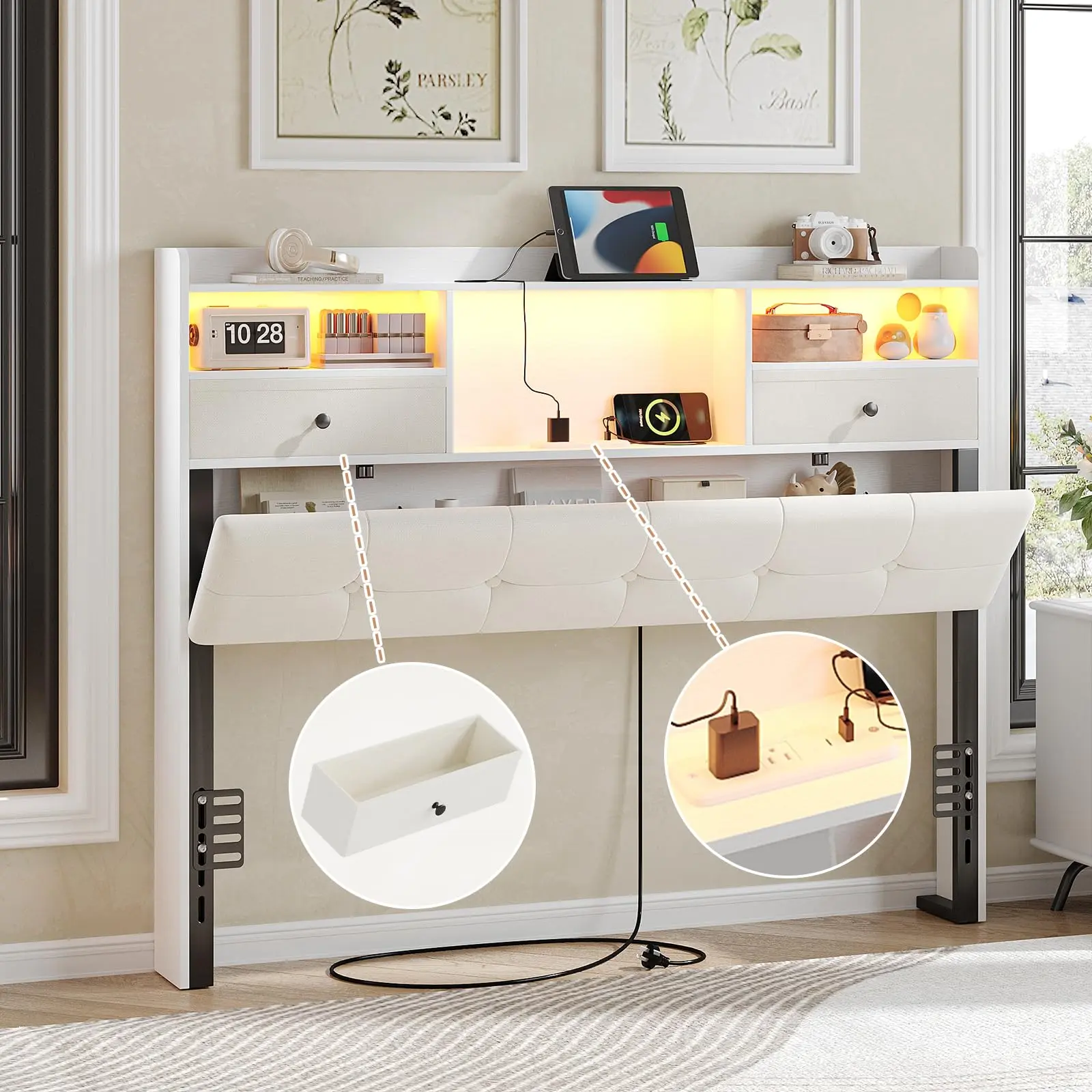 [Summergarden] Vabches Headboard Queen Size with Storage, Queen Headboard Only with 2 Drawers, Charging Station and LED Lights, Upholstered Headboards Easy Assembly