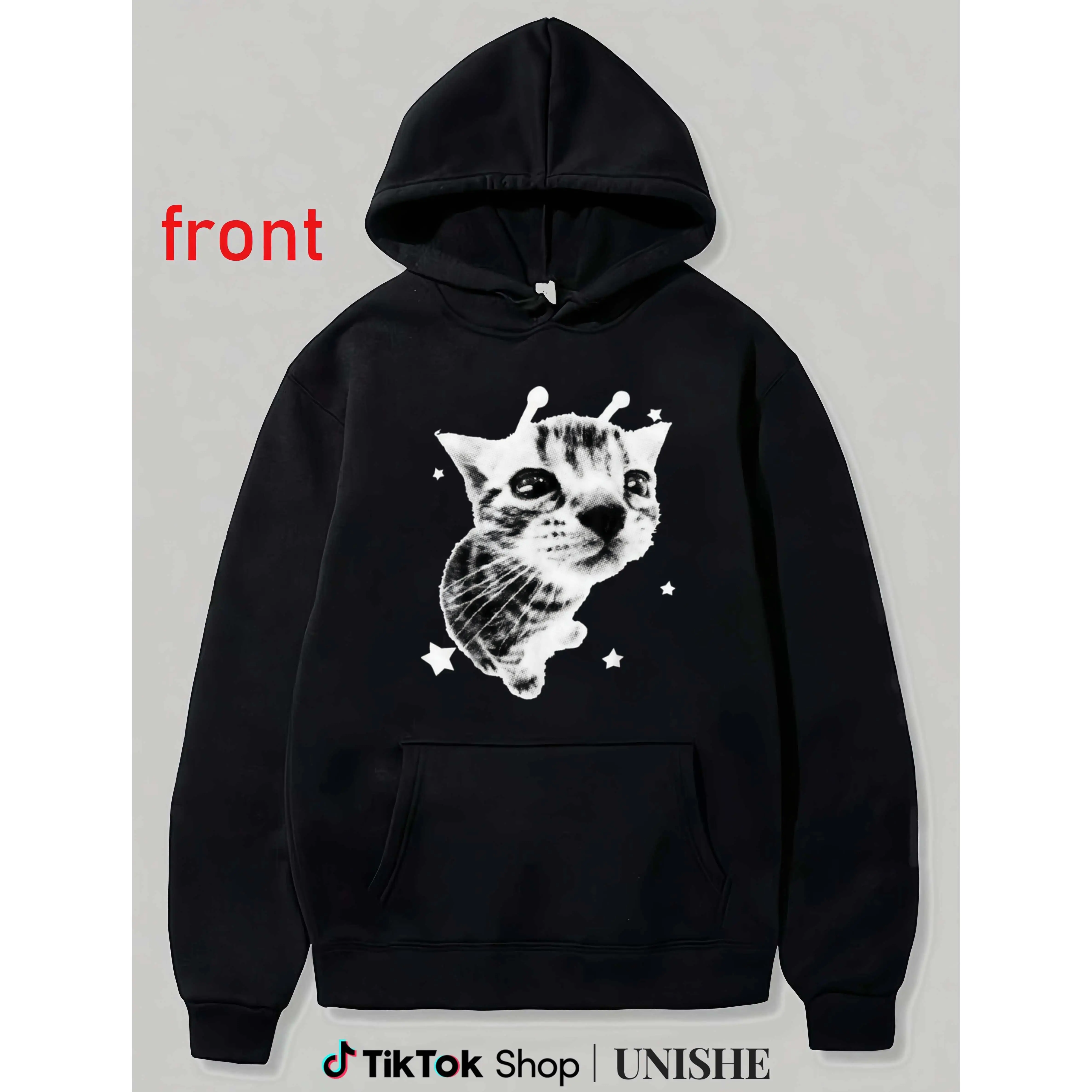 Vintage Y2K Alien Cat Graphic Hoodie Funny Space Kitty Meme Pullover Retro Streetwear Casual Unisex Long Sleeve Cozy Everyday Wear Trendy Fashion Gift for Cat Lovers Men Women