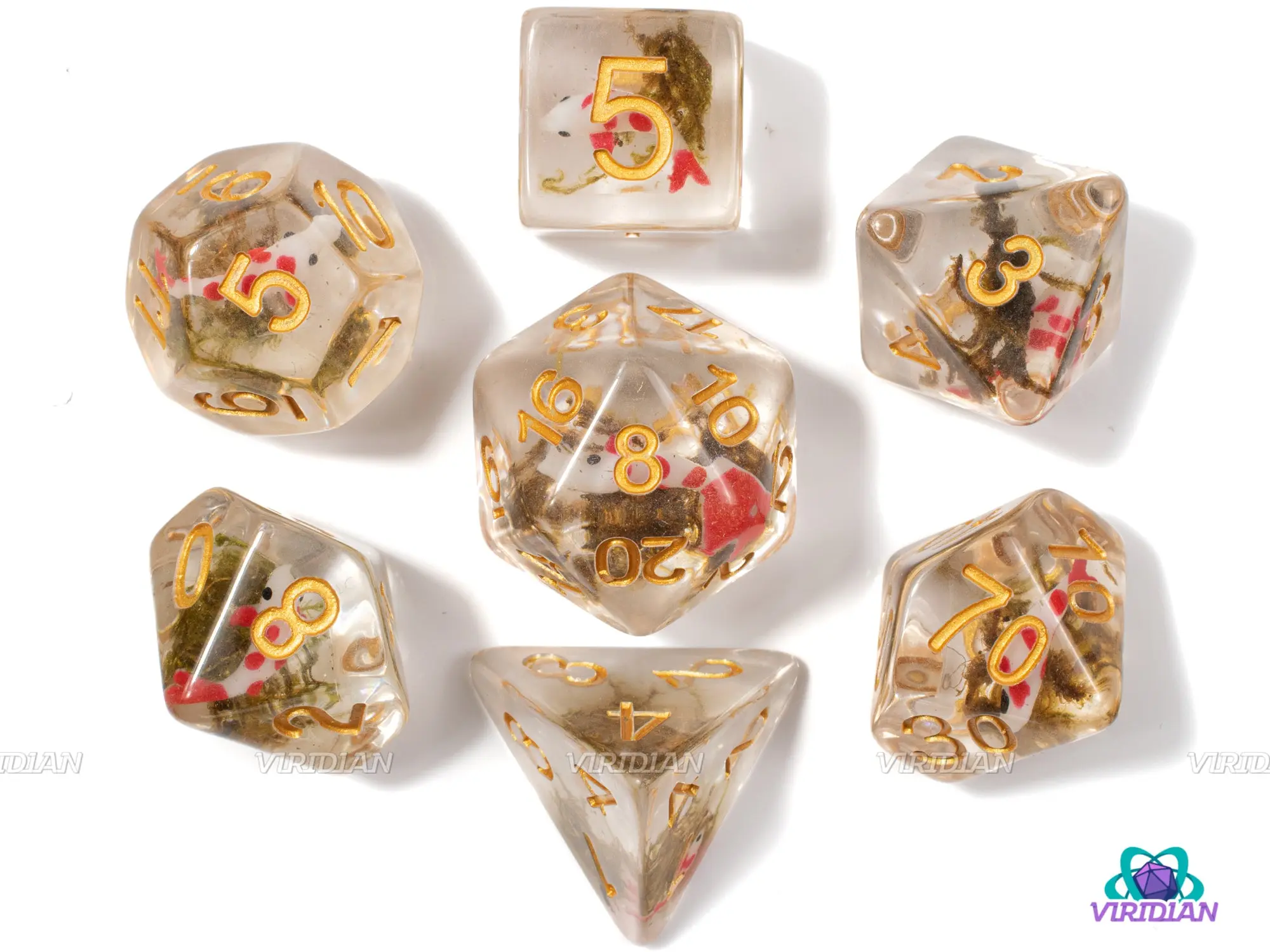 Red Koi | Red Fish & Moss Inside | Resin Dice Set (7)