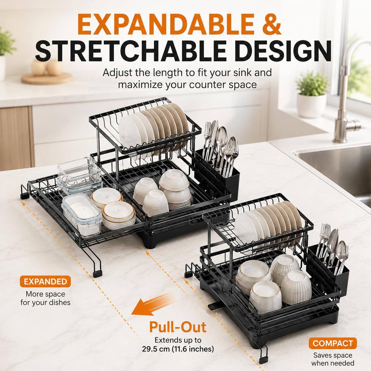 Snofrid Foldable Over Sink Dish Drying Rack｜Pull-Out 2-Tier Dish Drainer with Utensil Holder｜Space Saving Kitchen