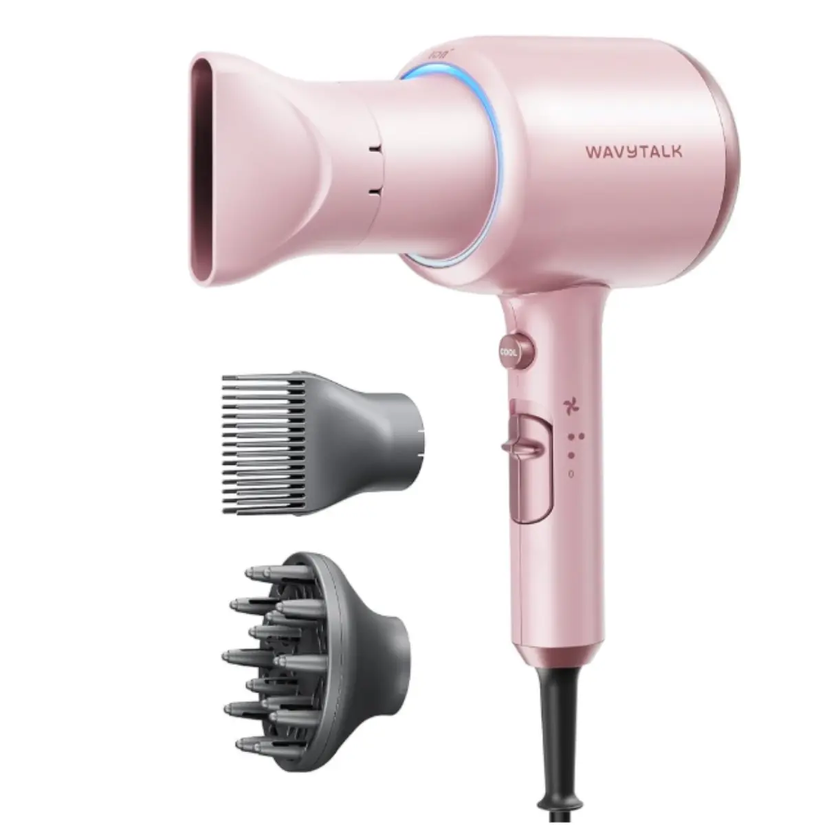 Wavytalk Hair Dryer with Diffuser, Blown Away Ionic Blow Dryer for Curly Hair with Comb, 1875W Fast Drying Hair Dryer with Ceramic Technology, 3 Attachments for All Hair Types, Light and Quiet, Pink
