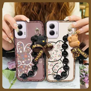 Waterproof Dirt-resistant Phone Case For MOTO G Power 5G 2024 Anti-knock Back Cover cute Black pearl pendant Skin-friendly feel soft case Cartoon silicone Bear bracelet