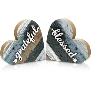 2PCS Rustic Table Decorations for Living Room Home Farmhouse Table Centerpieces Small Love Wooden Heart Decor for Dining Room Shelf Housewarming Gifts New House Decoration (Grateful Style)