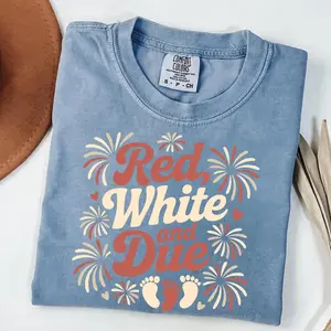Comfort Colors Red White and Due Maternity Shirt, 4th of July Pregnancy Announcement Tee, Funny Patriotic Mom-to-Be T-Shirt, Baby Reveal Outfit for Expecting Moms - AMBER