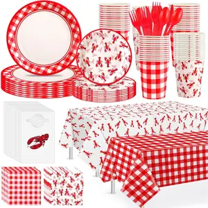 LemonRoad 194 Pcs Crawfish Party Supplies Set Lobster Themed Paper Plates Napkins Cups Cutlery Disposable Aprons and Tablecloth, Red and White Plaid Tableware Seafood Dinnerware Decor Serves 24